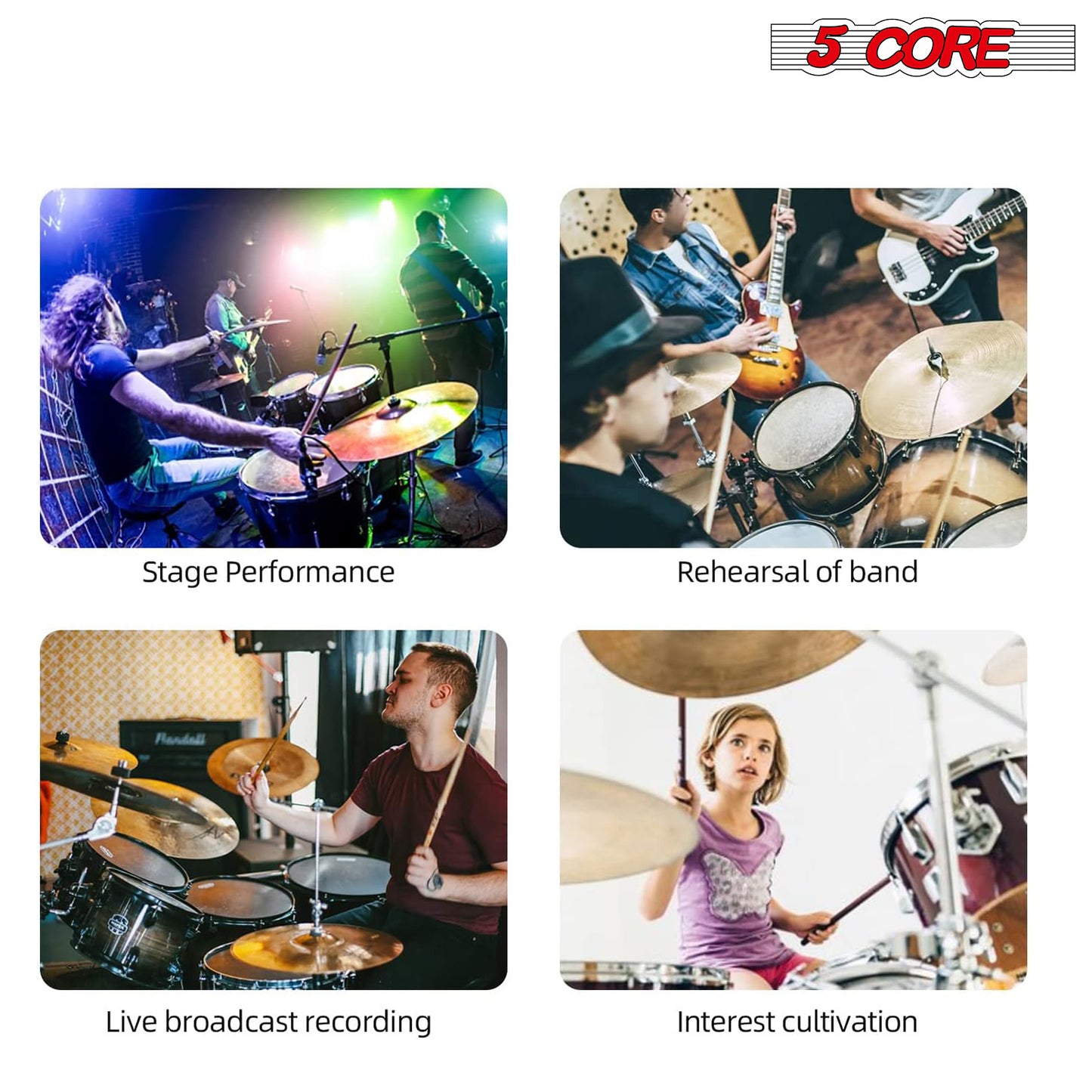 5 Core Drum Microphone Kit 9 Piece Full Metal Dynamic Wired Drums Mic Set for Drummers w Kick Bass Tom Snare + Carrying Silver Case Sponge Thread Holder for Vocal & Other Instrument - DM 9RND