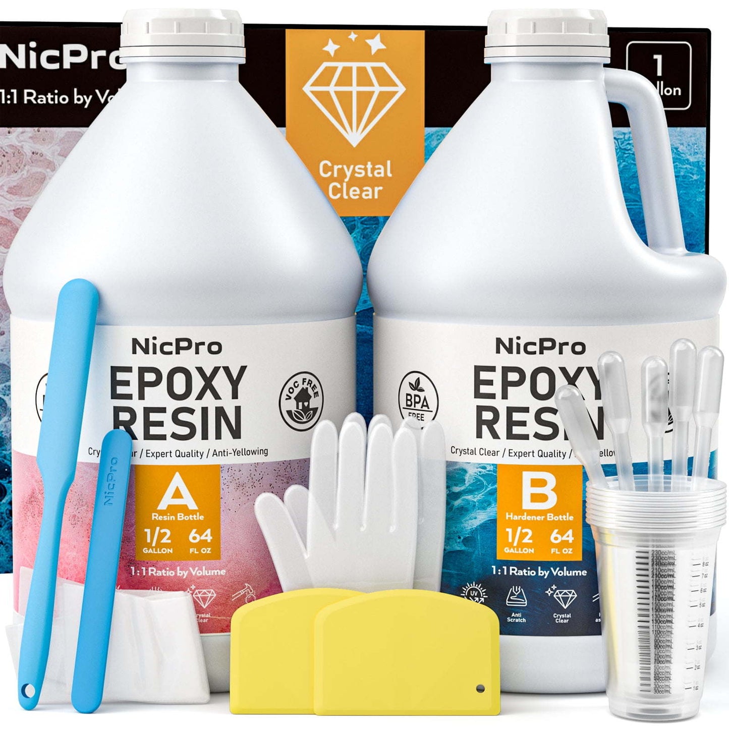 Nicpro 1 Gallon Crystal Clear Epoxy Resin Kit, High Gloss & Bubbles Free Resin Supplies for Art Coating and Casting, Craft DIY, Wood, Tabletop, Bar Top, Molds, River Tables with Cups, Sticks, Gloves