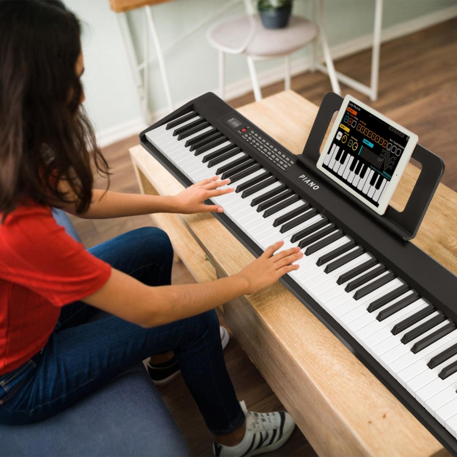 Folding Piano Keyboard 88 Keys Foldable Full Size Semi Weighted Piano Digital Electronic Piano with LCD Screen Carry Bag Mic Sheet Music Stand Sticker for Beginners Kids