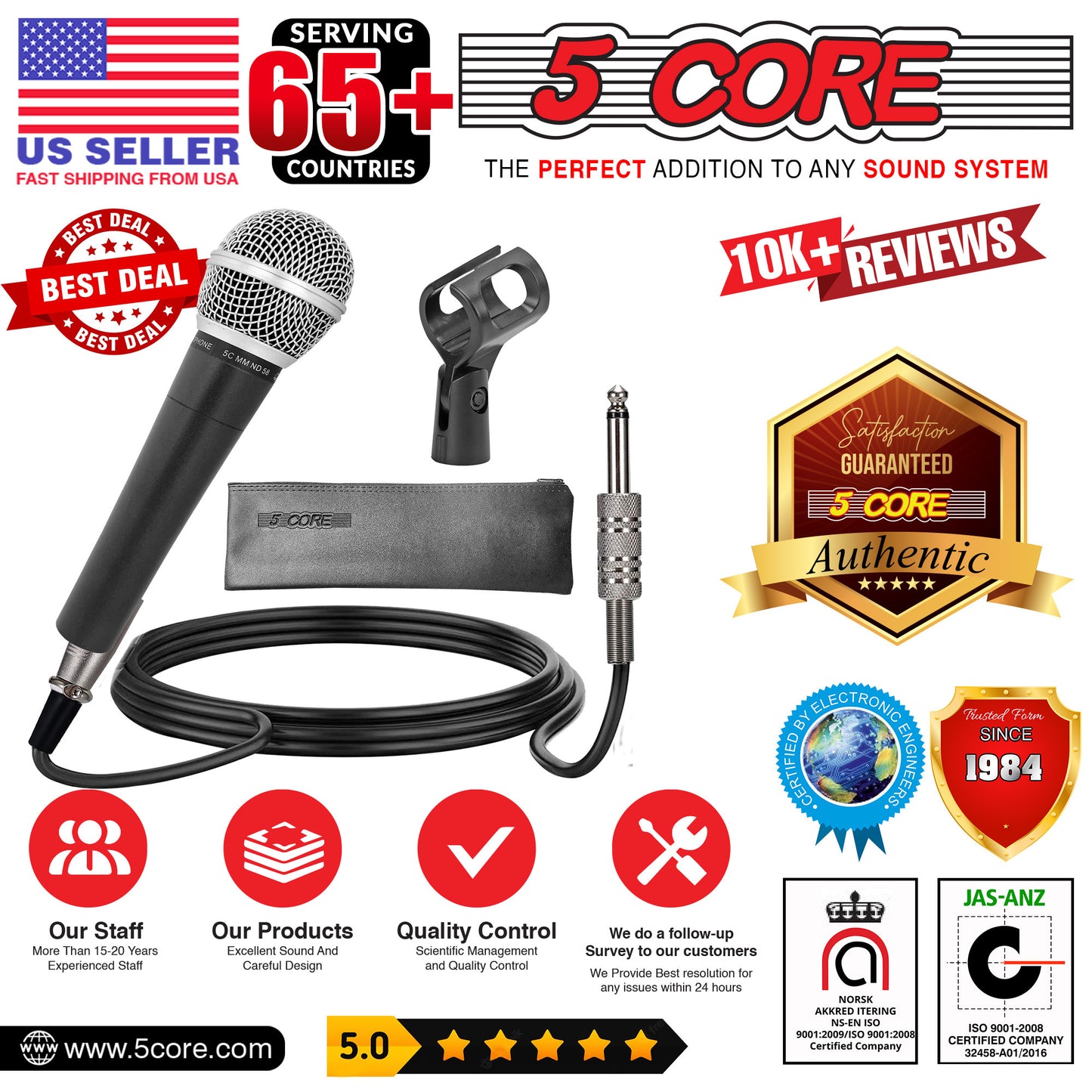 5 CORE Premium Vocal Dynamic Cardioid Handheld Microphone Neodymium Magnet Unidirectional Mic, 16ft Detachable XLR Deluxe Cable to ¼ Audio Jack for Karaoke, Singing W/Mic Clip, Bag ND 58S