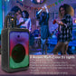 Portable Wireless Party Speaker Party Speaker with with 5 Colorful Lighting Modes TWS FM USB MMC Slot Aux In Recording Mic Priority Trolley Handle 2 Wheels Remote Control