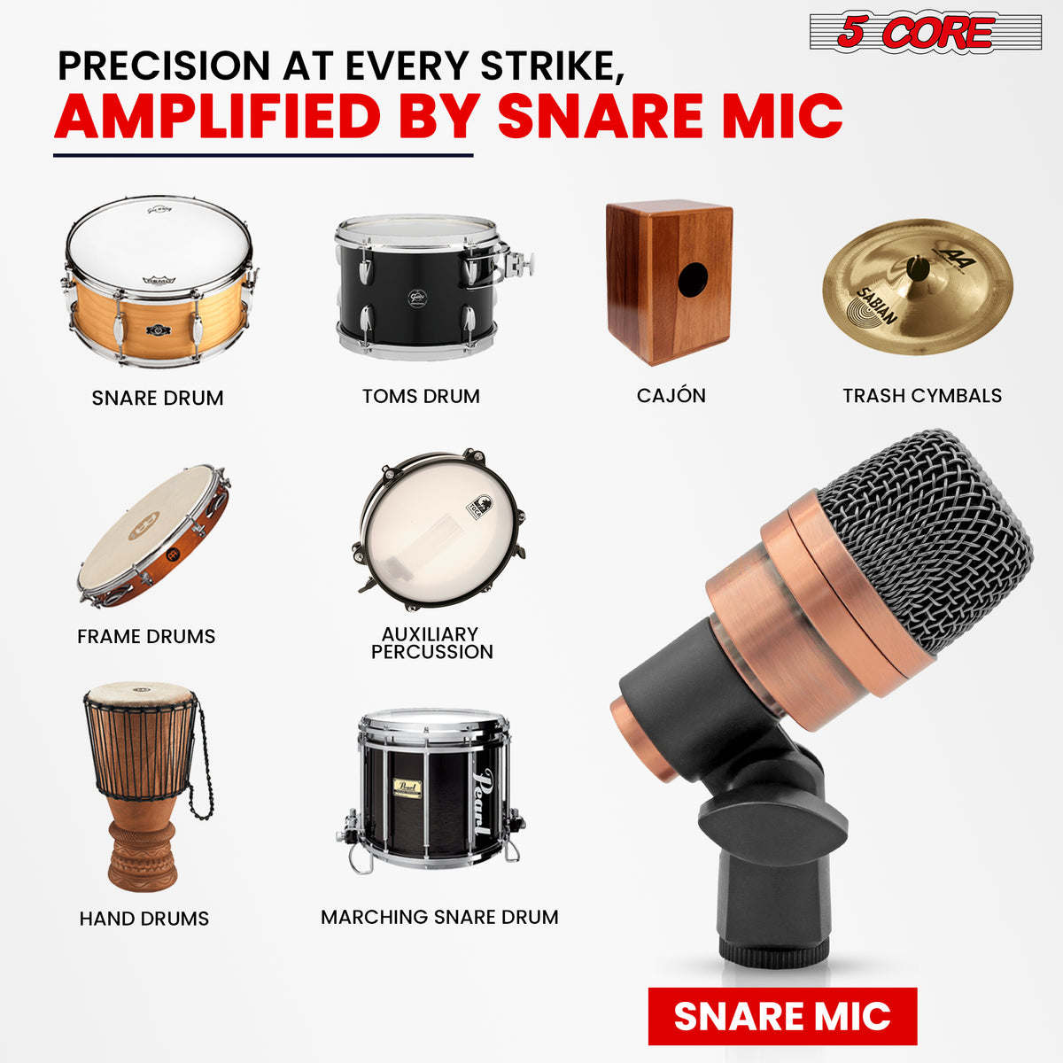 Snare Microphone 1Piece Wired Cardioid Bass Drum Mic Kit High SPL Instrument Microfono w XLR Connection- 5 Core Snare XP COPPEREX