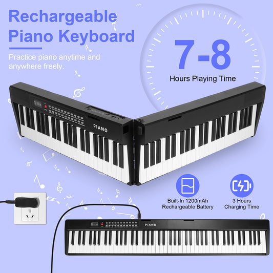 Folding Piano Keyboard 88 Keys Rechargeable Full Size Semi Weighted Piano Digital Electronic Piano with LCD Screen Carry Bag Mic Sheet Music Stand Sticker for Beginners Kids