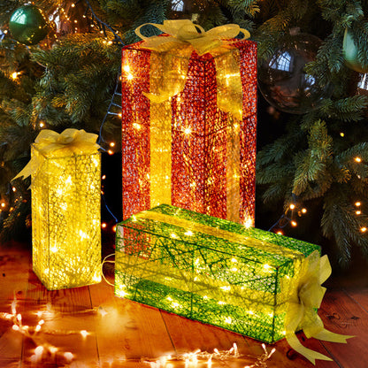 VINGLI Lighted Gift Boxes Set of 3, Pre-lit Nestable Present Boxes Ornament with 90 LED Warm White Lights and Stakes for Christmas Outdoor Indoor Decorations Lighted Holiday Displays