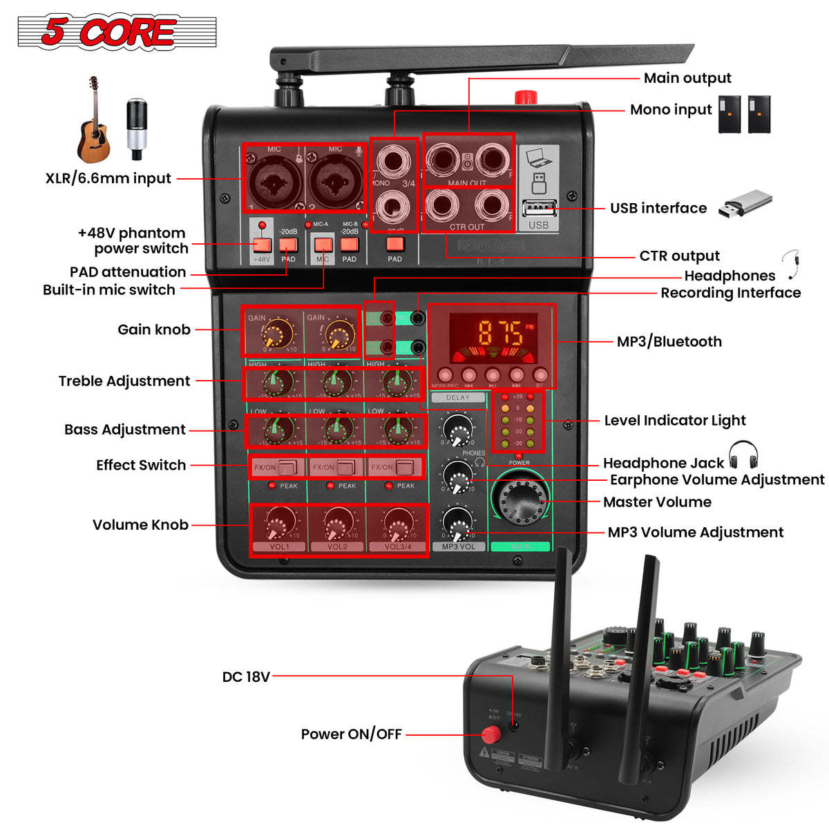 5 Core Audio Mixer Sound Board 4 Channel XLR Stereo Receiver w Bluetooth USB Microphone PA Karaoke Music Podcast Mixing Soundboard Mini Mezcladora Para DJ - MX 4CH 2MIC GLD