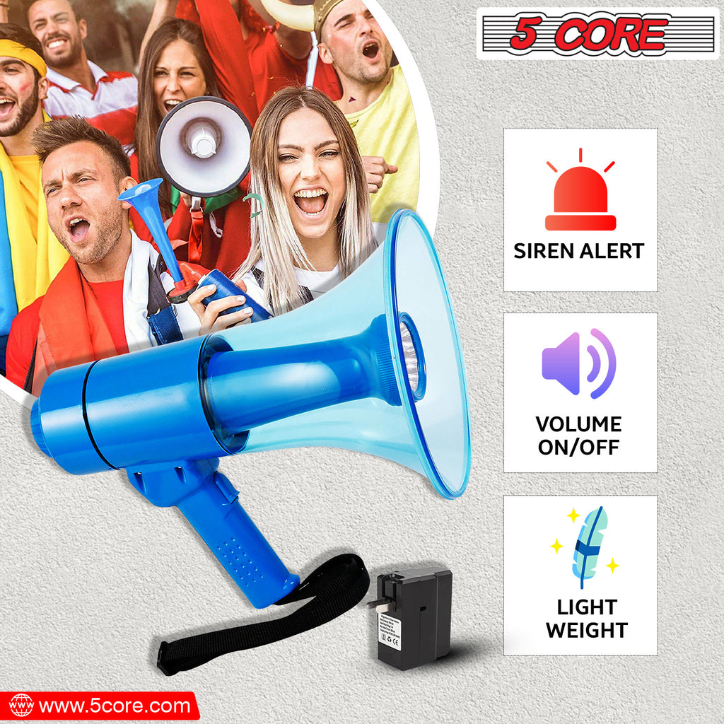 5 CORE 40W Waterproof Megaphone Bullhorn Flashlight PRO Fire Army Grade - Battery + LED Light + Adj Volume + Siren Handheld Lightweight for Water Sports Boat Speaker-HW 18 WP