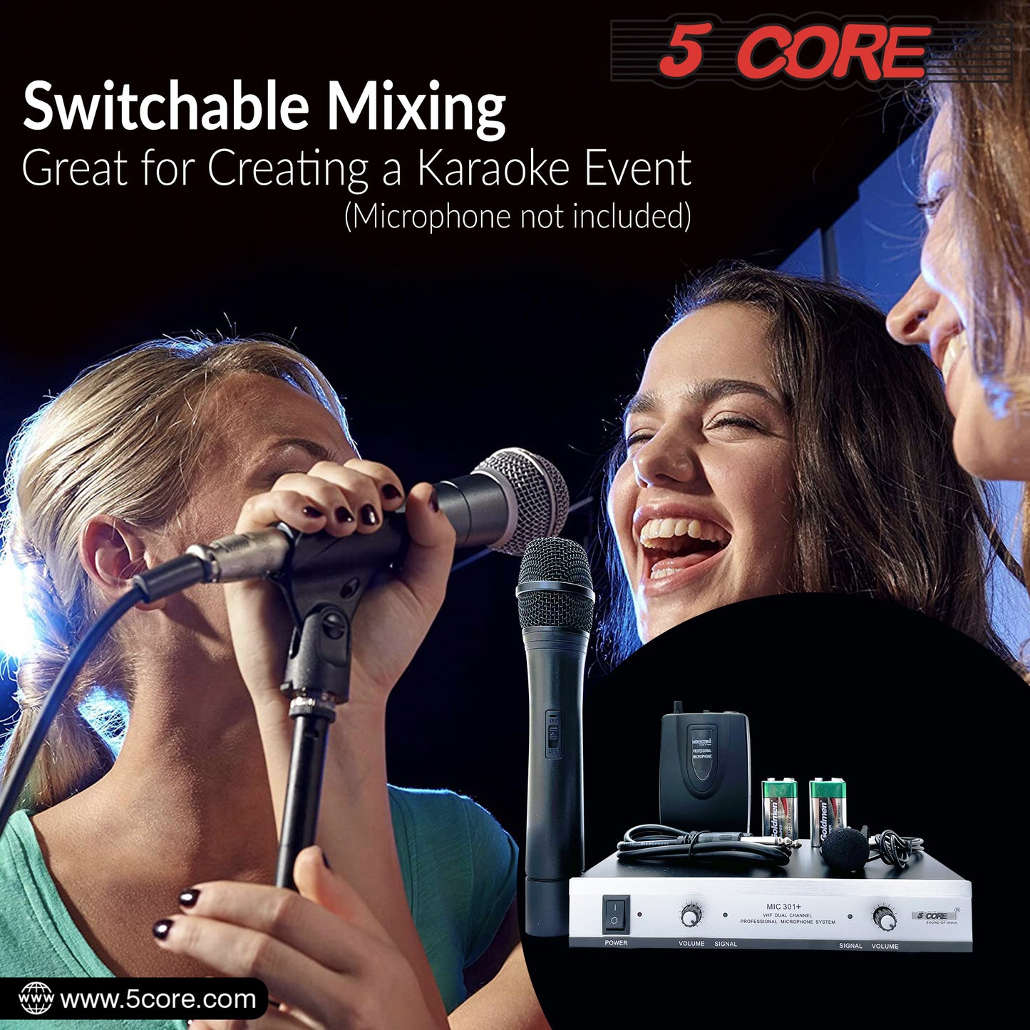 5 Core Wireless Microphone Dual Handheld Mic Cordless Receiver Dj Karaoke Singing Microphones - WM 301 1M1C BLK