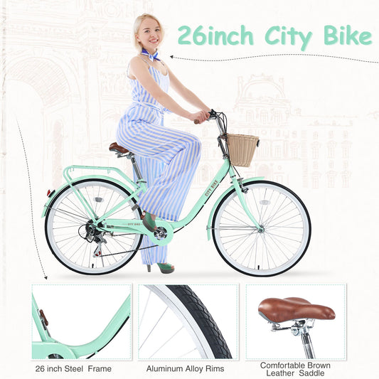 7 Speed City Bike With Basket , Steel Frame,Multiple Colors 26 Inch Girls Bicycle