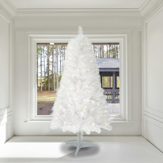 4ft White Artificial Christmas Tree Prelit With Stand ,100 Warm White Led Lights, Realistic 241 Branch Tips PVC White Norwood Spruce Tree Easy Assembly For Indoor, Home