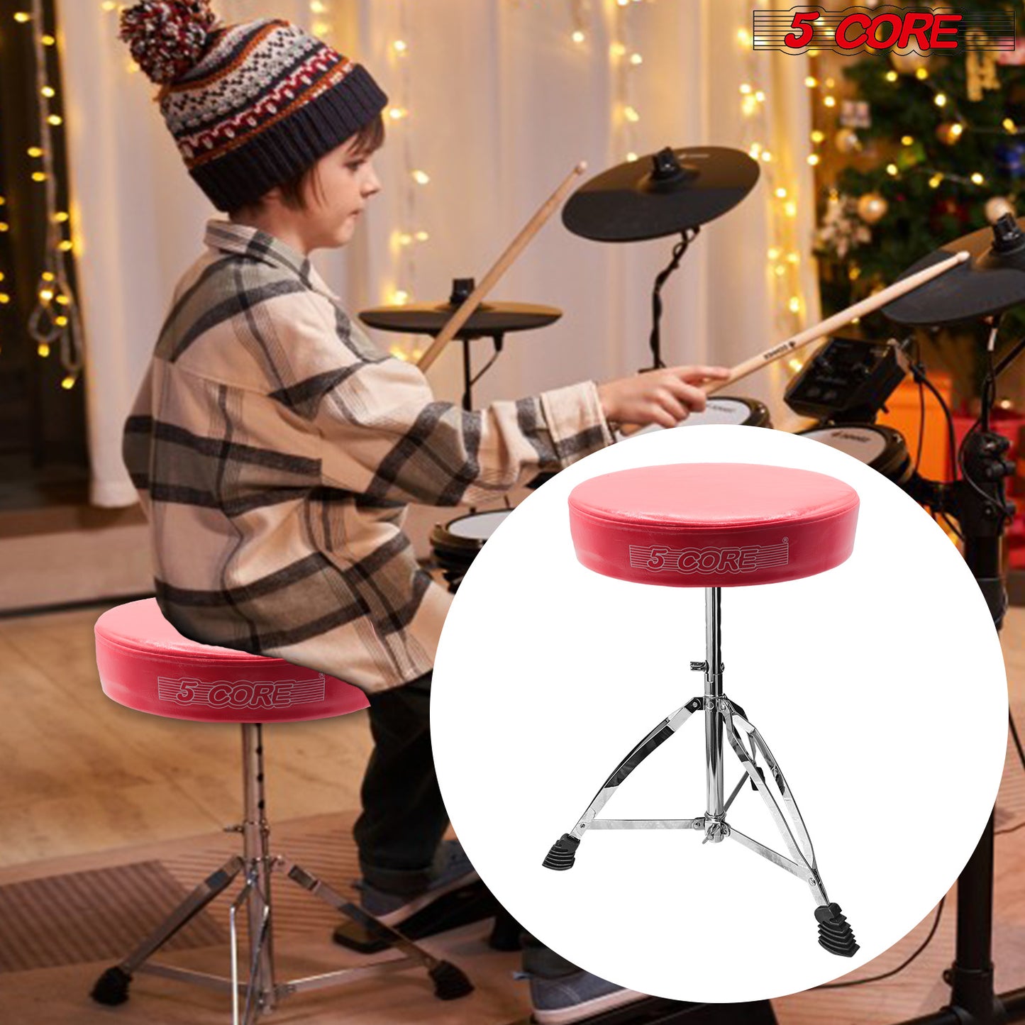 5 CORE Drum Throne Height Adjustable Guitar Stool Thick Padded Memory Foam DJ Chair Seat with Anti Slip Feet Multipurpose Musician Chair for Adults and Kids Drummer Cello Guitar Player - DS CH RED