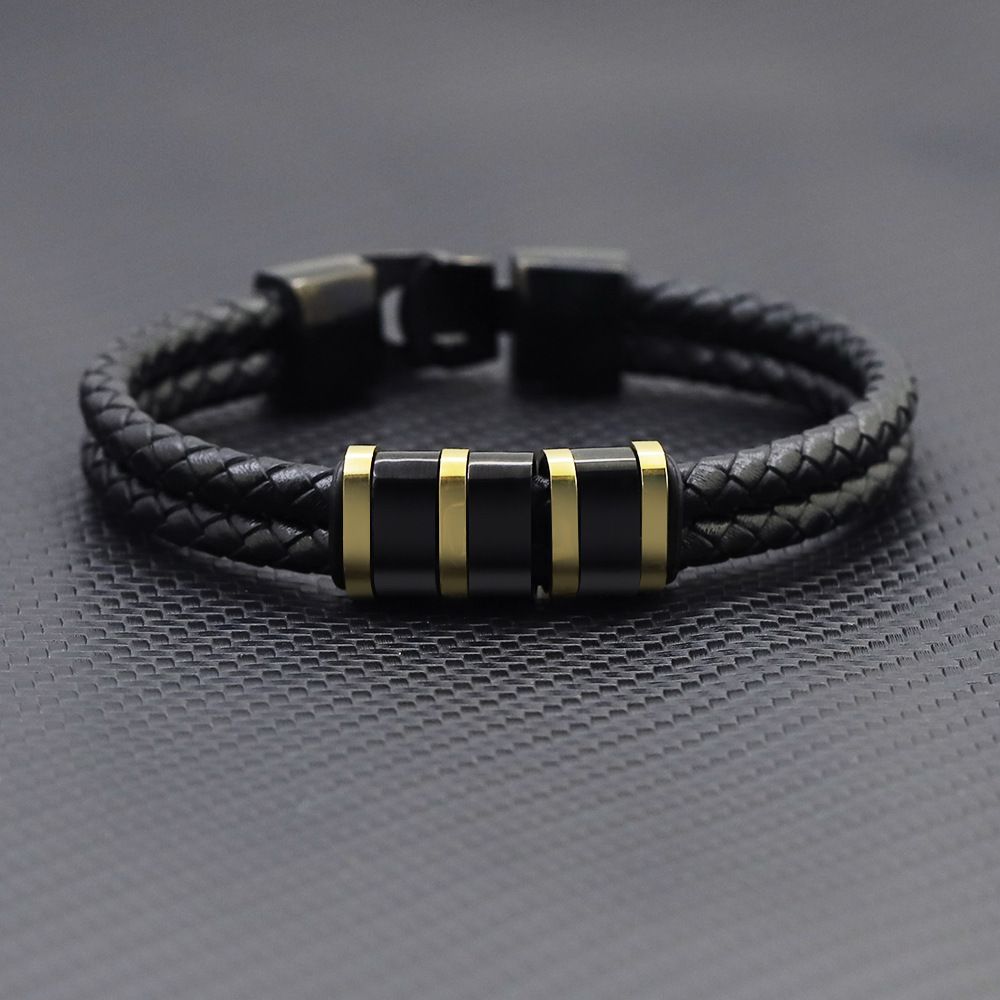 Black Leather Braided Bracelet with Stainless Steel Beads Cnasti Strings and Thangs