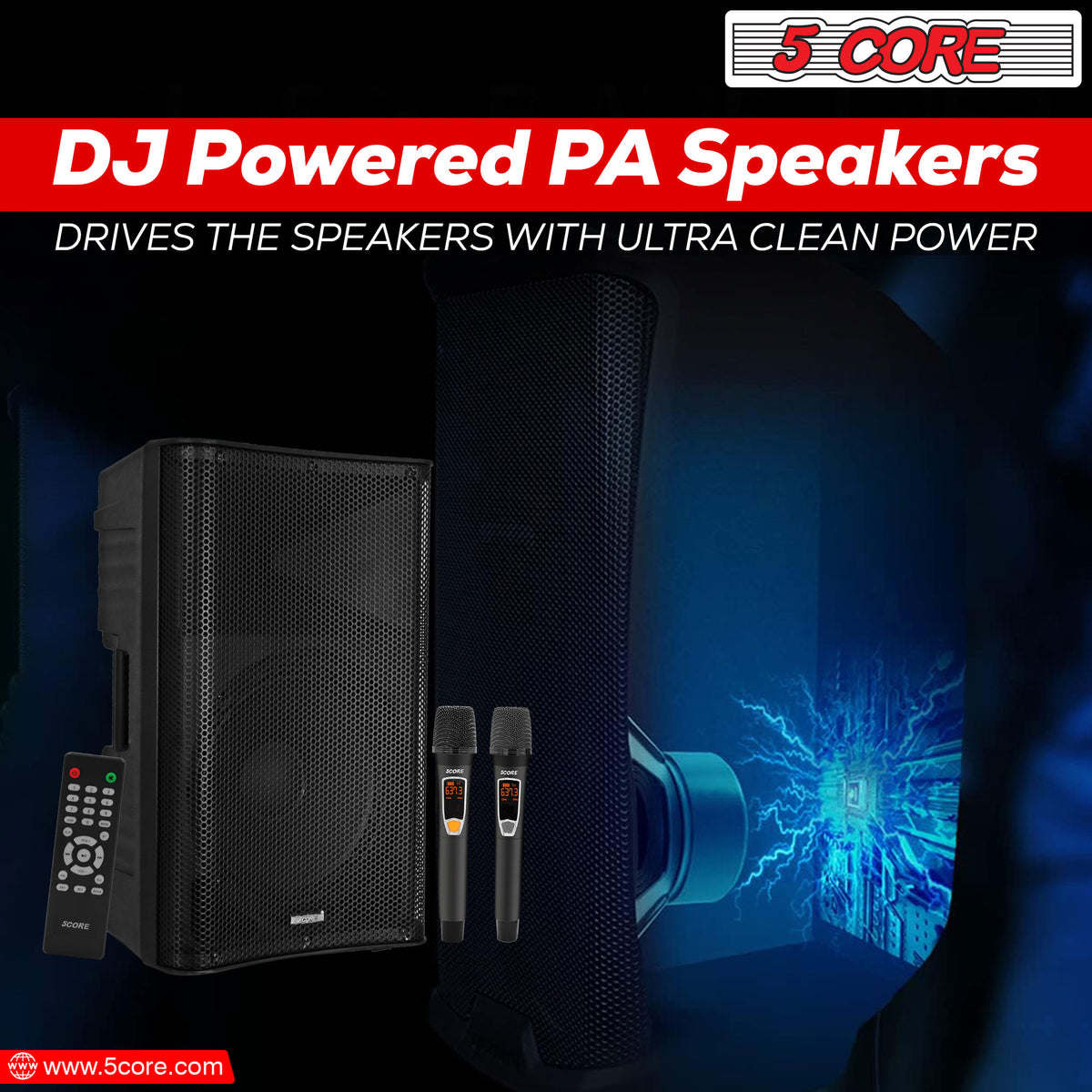 5 Core Karaoke Machine 150W Big Bluetooth PA System Powered DJ Singing Party Speaker w 2 Wireless Microphones Portable Large Professional Outdoor Sound Set For Adults - ACTIVE DJ 12 2-MIC