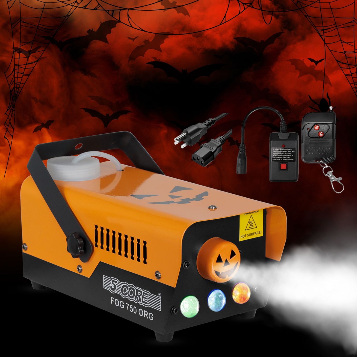 5 Core Fog Smoke Machine 750W & 2700CFM LED Lights Effect Low Lying Indoor 250ML Fog Maker with Fogger for Halloween with 1 Wired Receiver & RGB Remote Controls - FOG 750 ORG