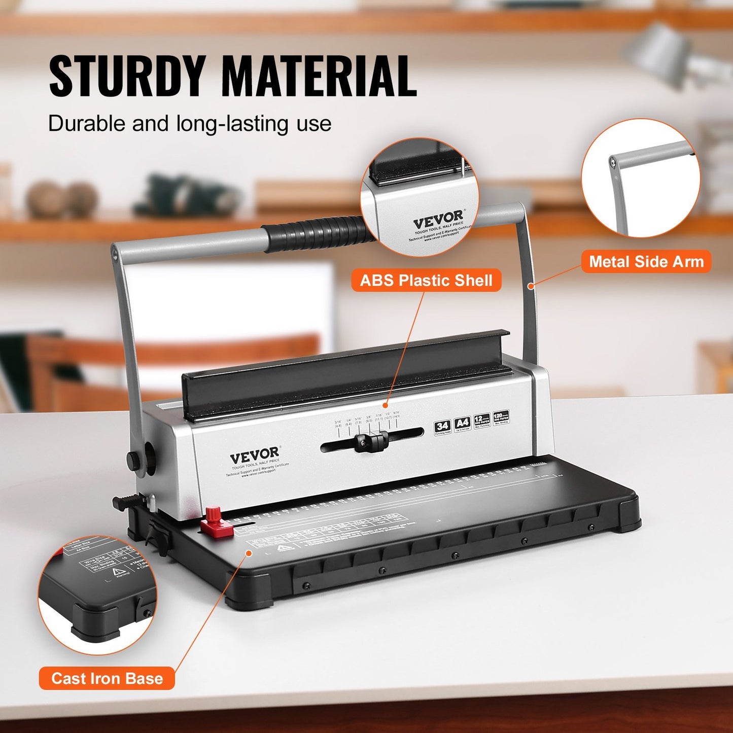 VEVOR Coil Spiral Binding Machine, Manual Book Maker 34-Holes Binding 120 Sheets, Punch Binder with Adjustable 3/16" - 9/16" Coil Binding Spines and Side Margin, for Letter Size, A4, A5