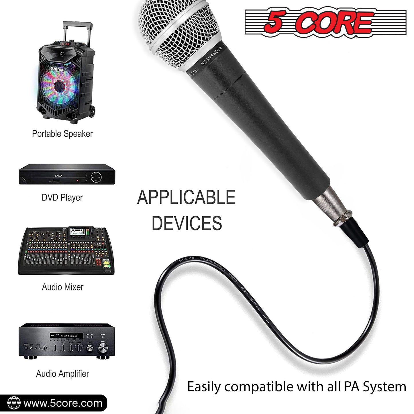 5 CORE Premium Vocal Dynamic Cardioid Handheld Microphone Neodymium Magnet Unidirectional Mic, 16ft Detachable XLR Deluxe Cable to ¼ Audio Jack for Karaoke, Singing W/Mic Clip, Bag ND 58S