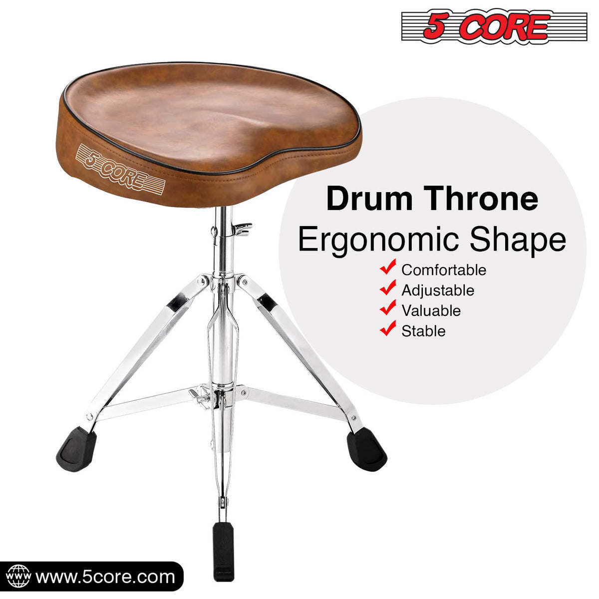 5 Core Drum Throne Saddle Brown| Height Adjustable Padded Drum Seat| Stools Chair Style with Double Braced Anti-Slip Feet, Comfortable Seat for Drummers, Guitar Players- DS CH BR SDL