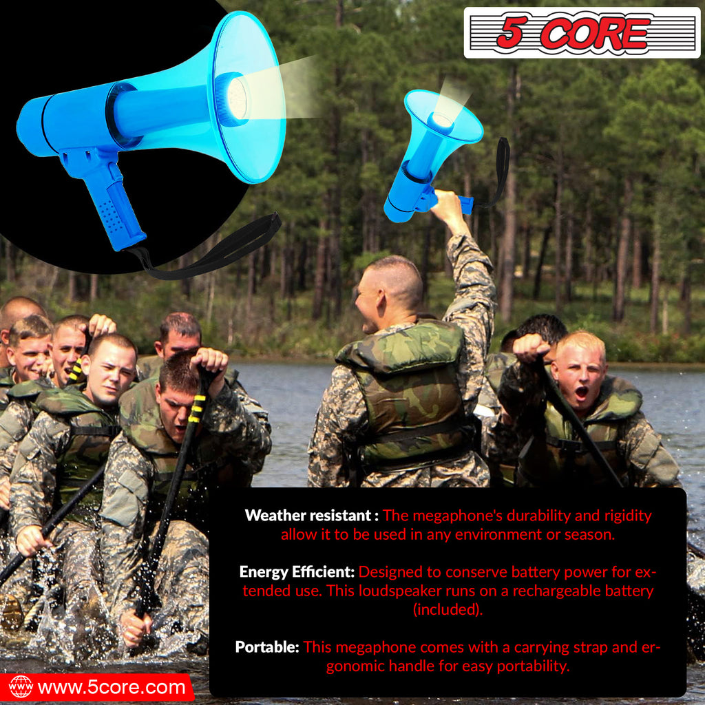 5 CORE 40W Waterproof Megaphone Bullhorn Flashlight PRO Fire Army Grade - Battery + LED Light + Adj Volume + Siren Handheld Lightweight for Water Sports Boat Speaker-HW 18 WP