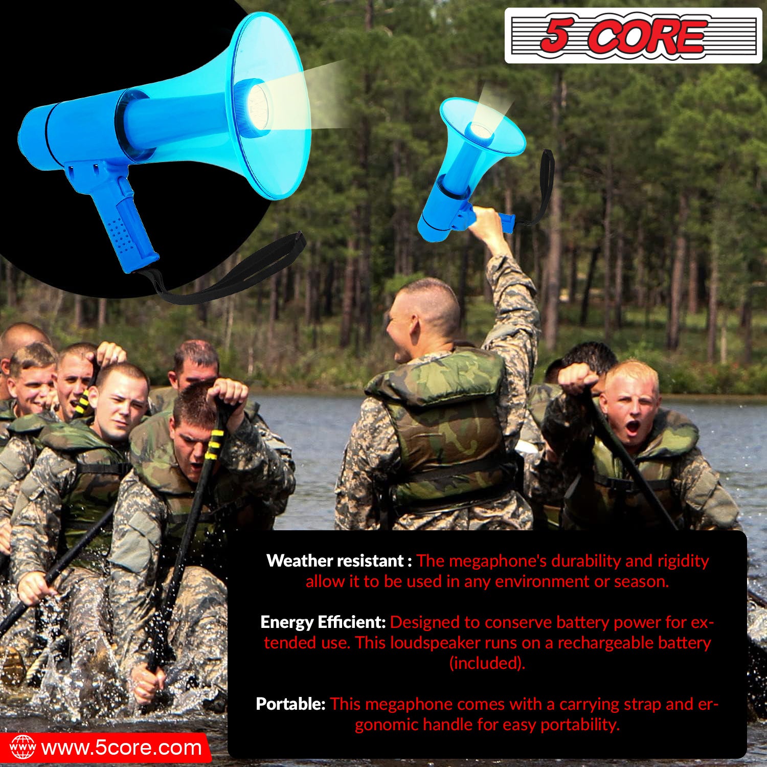 5 CORE 40W Waterproof Megaphone Bullhorn Flashlight PRO Fire Army Grade - Battery + LED Light + Adj Volume + Siren Handheld Lightweight for Water Sports Boat Speaker-HW 18 WP