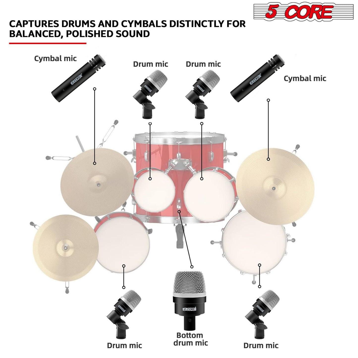 5 Core Drum Microphone Kit 7 Piece Full Metal Dynamic Wired Drums Mic Set for Drummers w Bass Tom Snare + Carrying Case Sponge & Mic Clamp for Vocal & Other Instrument Silver DM 7ACC