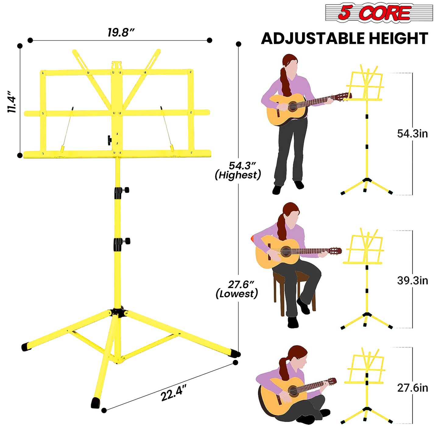 5 Core Music Stand, 2 in 1 Dual-Use Adjustable Folding Sheet Stand Yellow/Metal Build Portable Sheet Holder/Carrying Bag, Music Clip and Stand Light Included - MUS FLD YLW