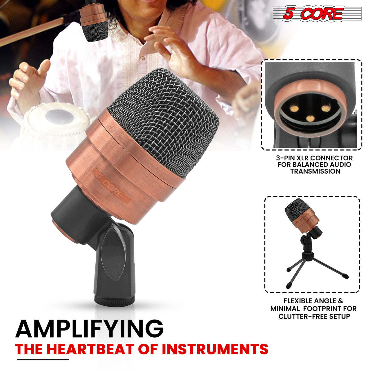 Tabla Mic High Sensitivity Snare Tom Instrument Microphone with Dynamic Moving Coil Uni-Directional Pick Up Pattern Swivel Mount Durable Steel Mesh Grille - 5 Core TABLA MIC 2XP COPPEREX