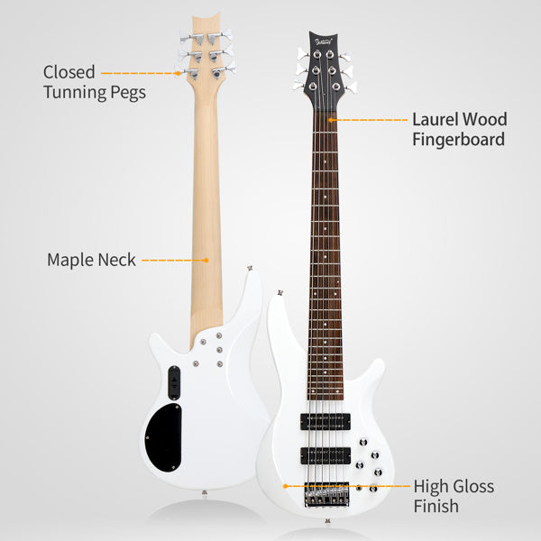 Glarry 44 Inch GIB 6 String H-H Pickup Laurel Wood Fingerboard Electric Bass Guitar with Bag and other Accessories White