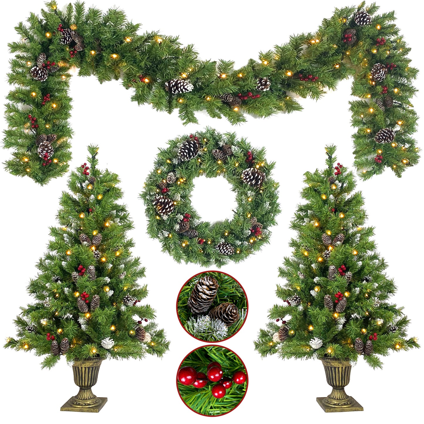 Pre-lit Xmas Tree Artificial Christmas 4-Piece Set,Garland, Wreath and Set of 2 Entrance Trees X-mas