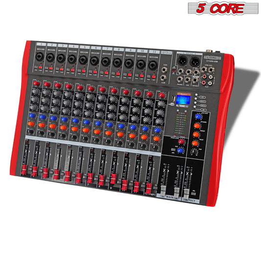 5 Core Audio Mixer 12 Channel DJ Mixing Board Professional Bluetooth USB Analog Mezclador De Audio w Phantom Power Rackmount Console for Live Recording Podcast Karaoke - MX 12CH