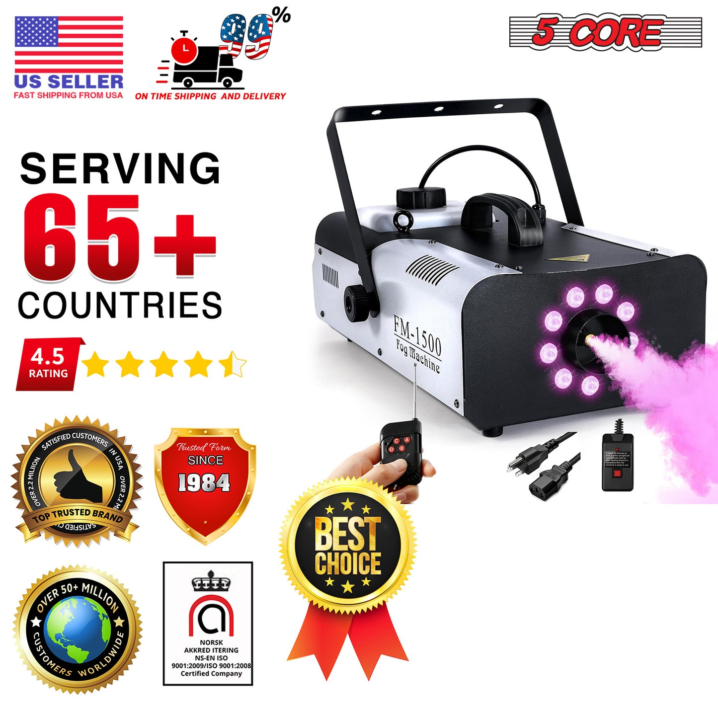 5 Core Fog Machine 1500W Smoke Machine 6000CFM Liquid Low Lying Indoor Outdoor Oil Based 2.5L Fog Maker w LED Lights Fogger for Halloween Wedding Party Christmas Stage Effect Gender Reveal FOG 1500