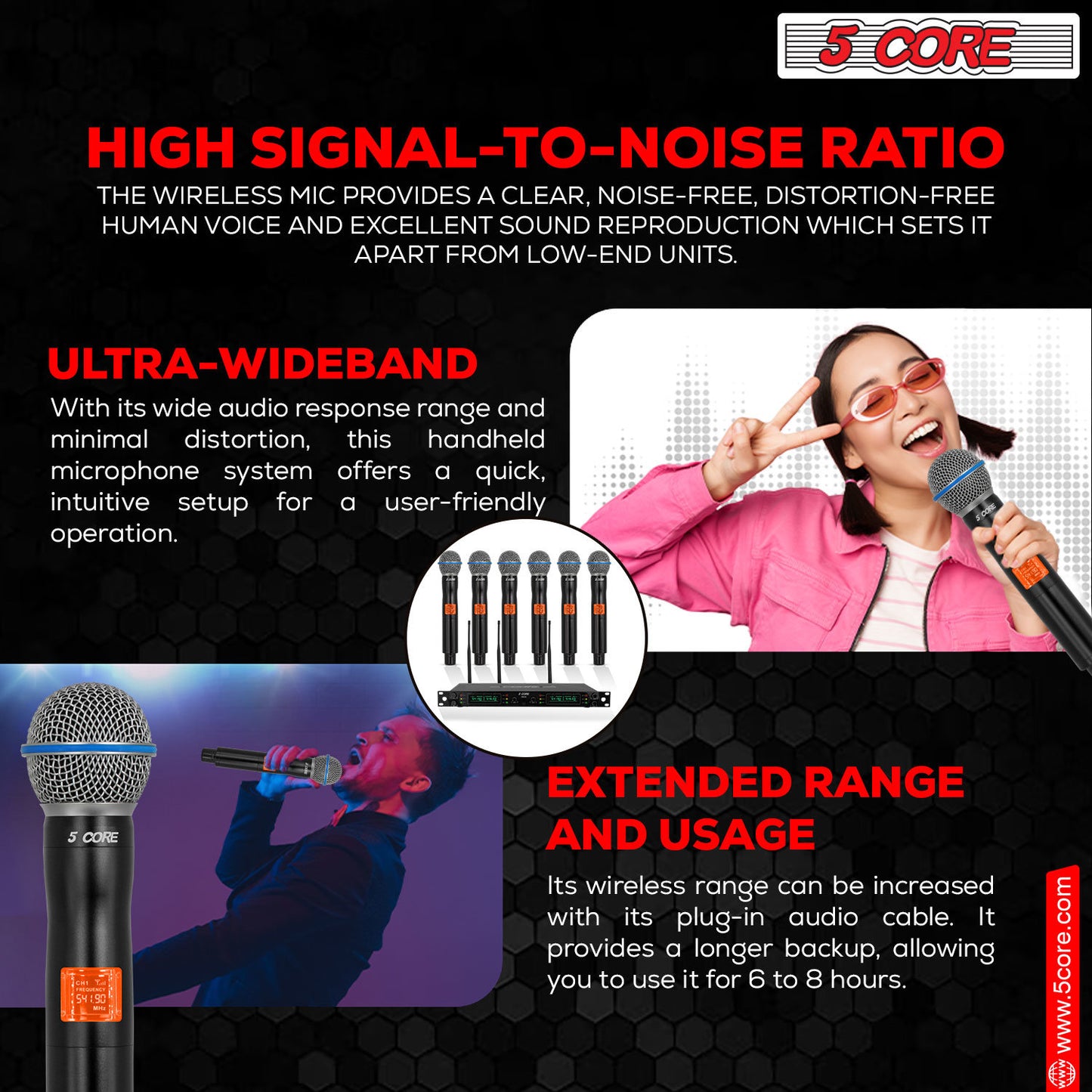 5 Core Wireless Microphones 8 Channel Dynamic Karaoke Professional UHF Singing Mic System Handheld Cordless Microfonos Inalambricos for Singer DJ Church - WM UHF HM