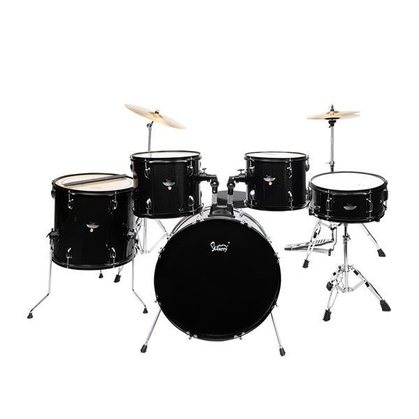 Glarry Full Size Adult Drum Set 5-Piece Black with Bass Drum, two Tom Drum, Snare Drum, Floor Tom, 16" Ride Cymbal, 14" Hi-hat Cymbals, Stool, Drum Pedal, Sticks