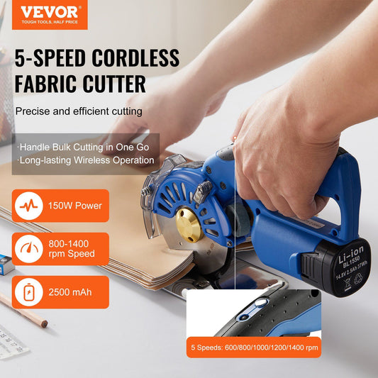 VEVOR Fabric Cutter, 5-Speed Cordless Electric Rotary Fabric Cutting Machine, 1.1" Cutting Thickness, Octagonal Knife, with Replacement Blade and Battery Charger, for Multi-Layer Cloth Fabric Leather