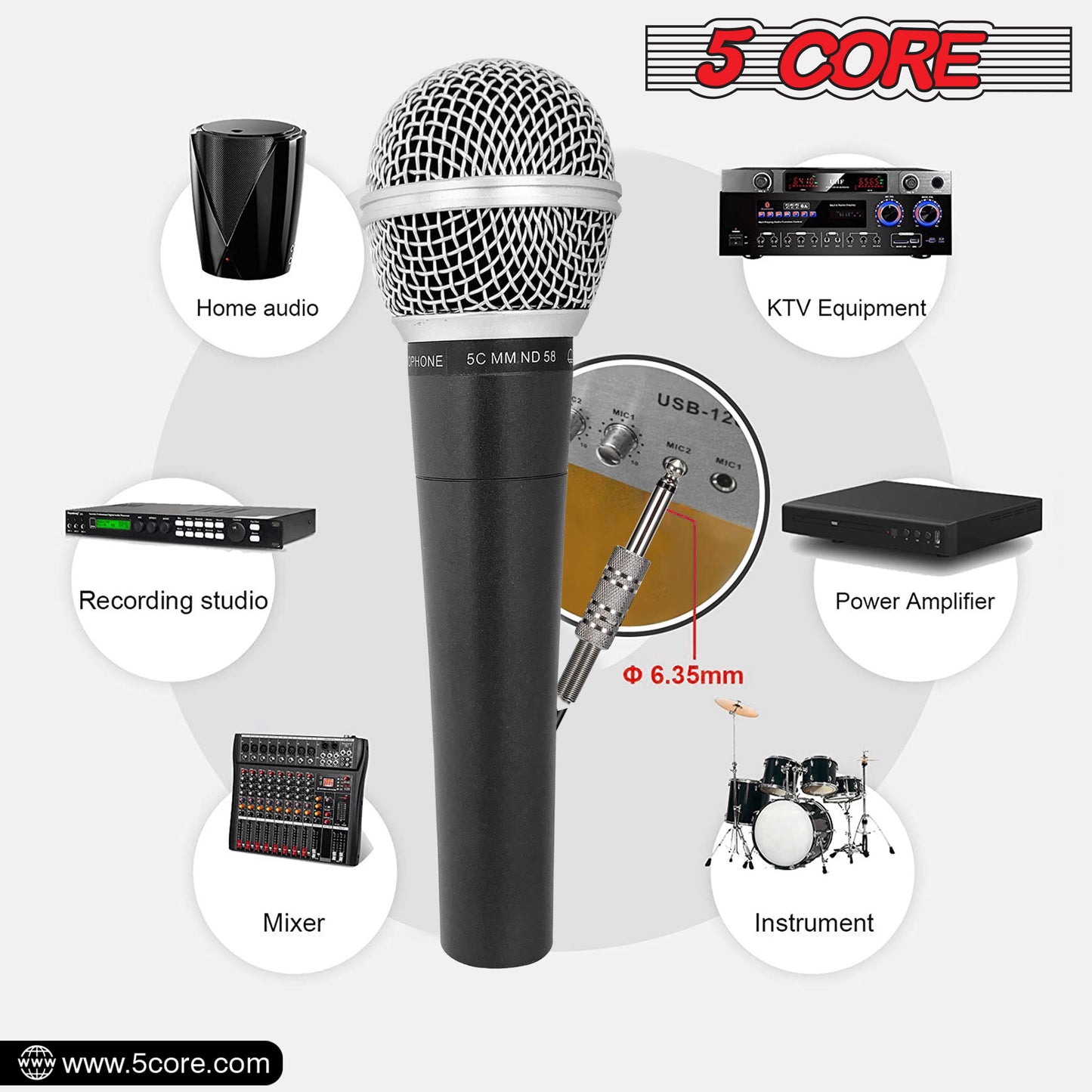 5 CORE Premium Vocal Dynamic Cardioid Handheld Microphone Neodymium Magnet Unidirectional Mic, 16ft Detachable XLR Deluxe Cable to ¼ Audio Jack for Karaoke, Singing W/Mic Clip, Bag ND 58S