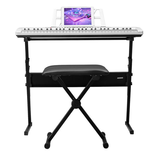 GEP-110 61 Key Lighting Keyboard with Piano Stand, Piano Bench, Built In Speakers, Headphone, Microphone, Music Rest, LED Screen, 3 Teaching Modes for Beginners