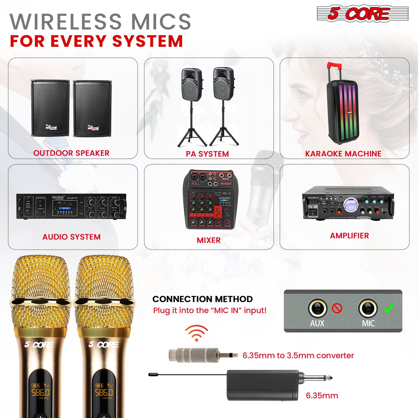 5 Core Wireless Microphones Pair UHF Professional Handheld Microfonos Inalambricos Dual Cordless Mic System for Karaoke Singing Wedding DJ Party Speech Church - WM UHF 02