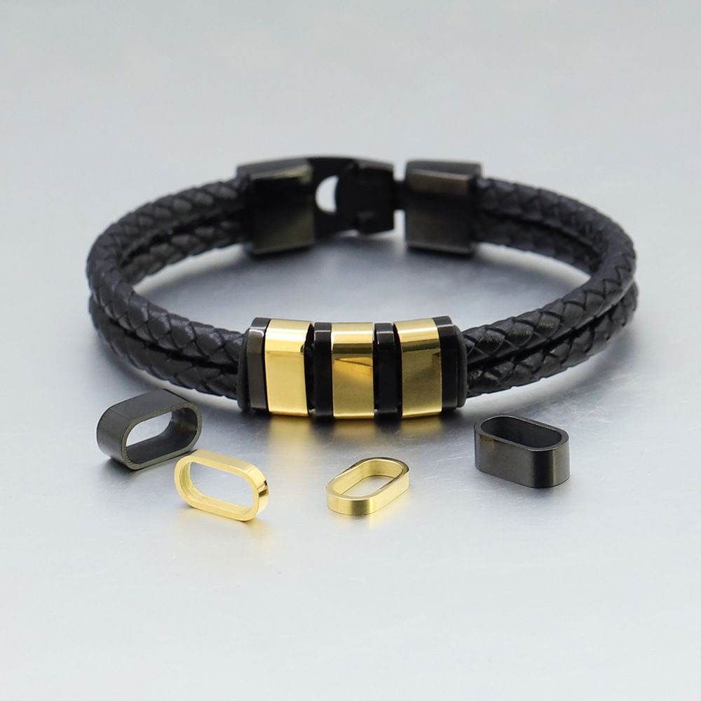 Black Leather Braided Bracelet with Stainless Steel Beads Cnasti Strings and Thangs