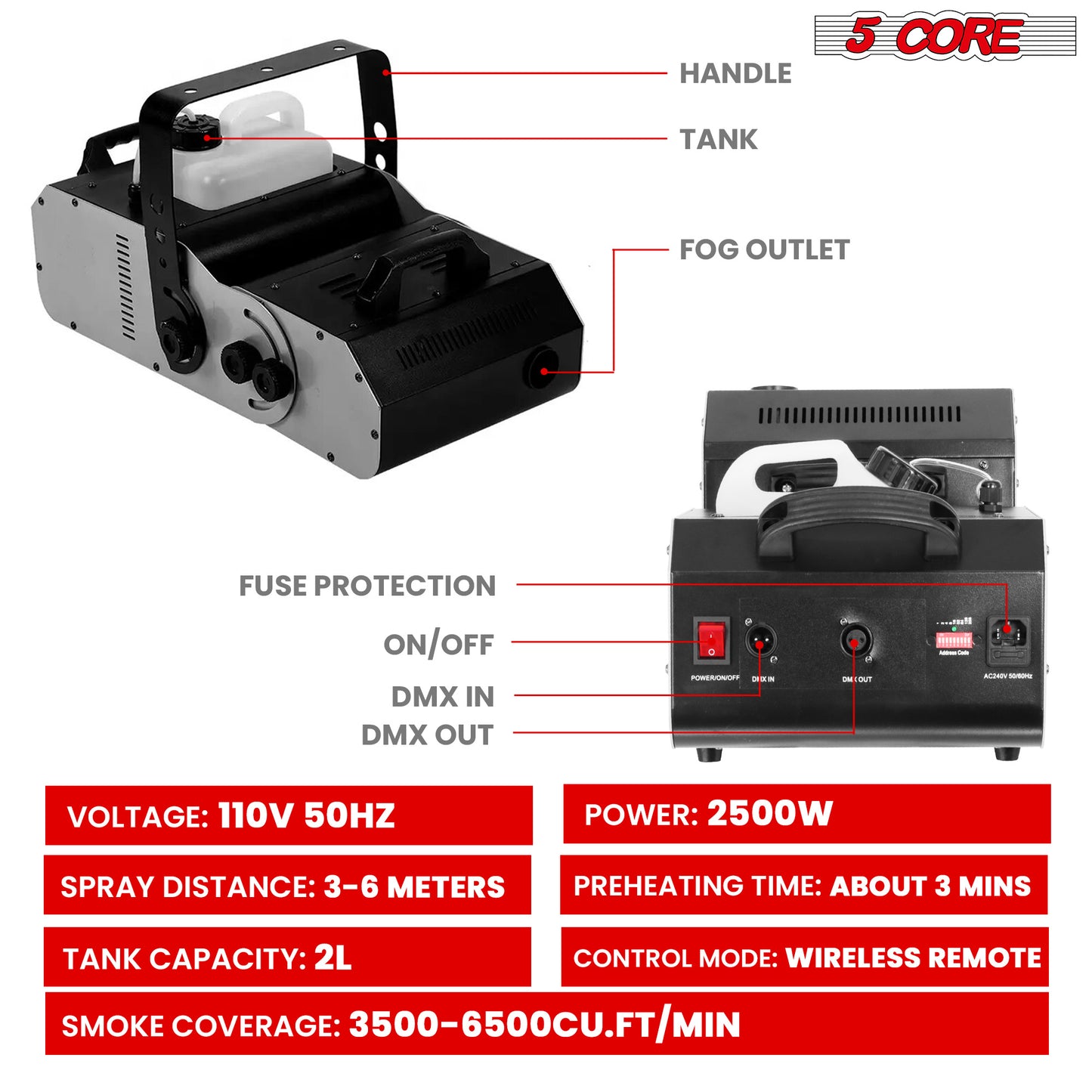 5 Core Fog Machine 2500W Smoke Machine 6500 CFM Adjustable Low Lying Indoor Outdoor Oil Based 2L Liquid Fog Maker