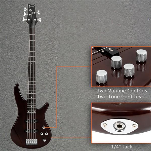 Glarry GIB Electric 5 String Bass Guitar Full Size Bag Strap Pick Connector Wrench Tool Earth Brown