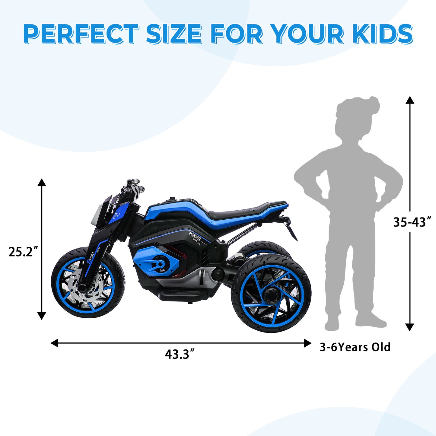 12V Three-wheel Ride On Motorcycle, Kids Electric Motorbike with Horns, LED Lights, Gift for Kids 3-8 Years,Blue