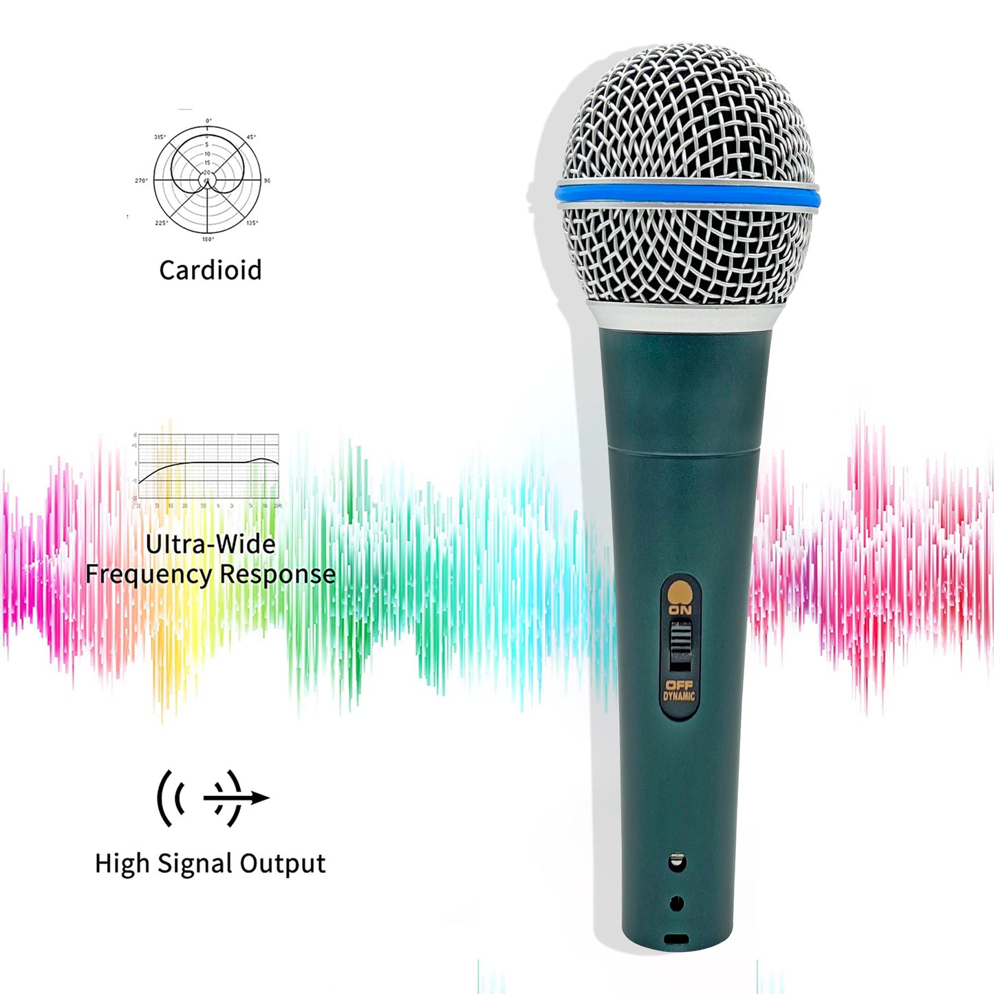 5 Core Professional Dynamic Vocal Microphone Neodymium Cardioid Unidirectional Handheld Mic for Speakers Karaoke W/Steel Mesh Grille Metal Body ON/Off Switch 16ft Detachable Cable+ Clip+Bag- ND58 BLU