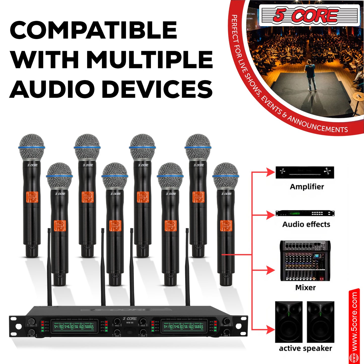 5 Core Wireless Microphones 8 Channel Dynamic Karaoke Professional UHF Singing Mic System Handheld Cordless Microfonos Inalambricos for Singer DJ Church - WM UHF HM