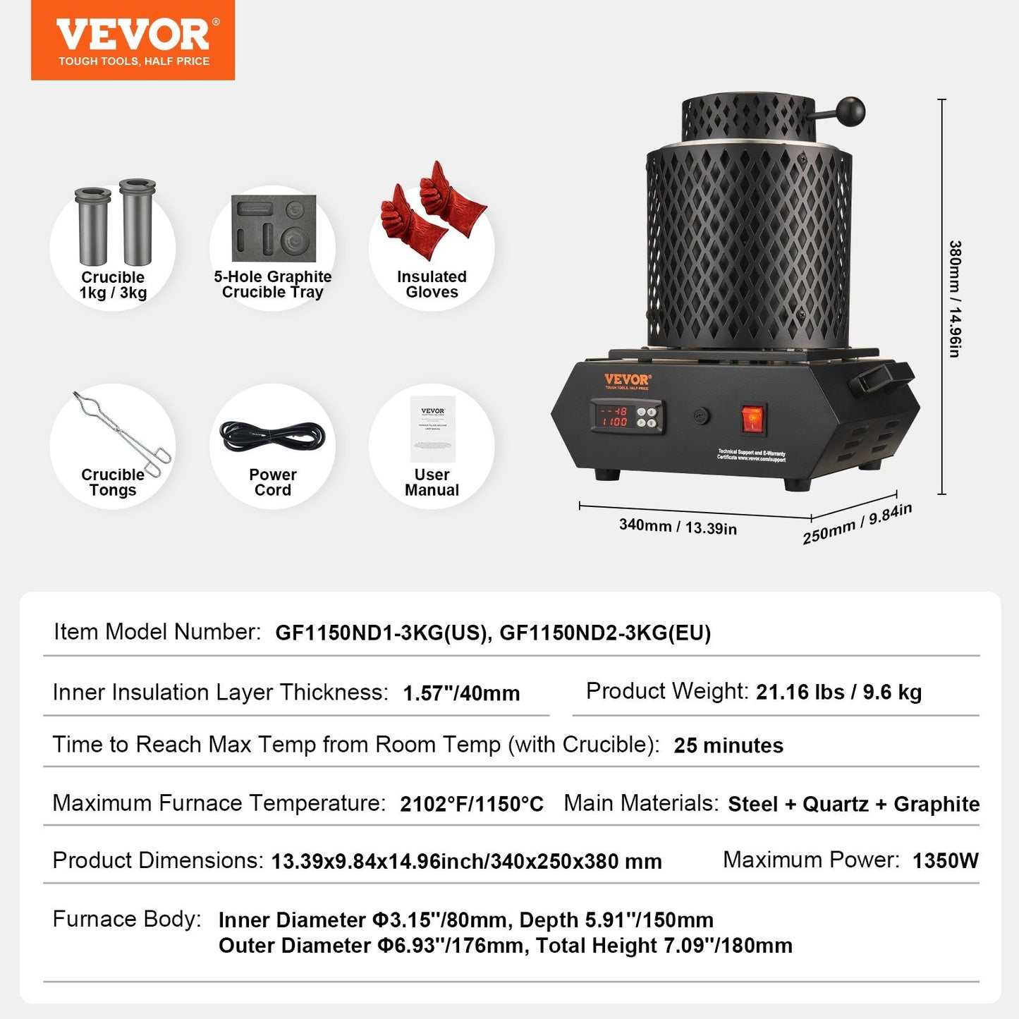 1350W Gold Melting Furnace, Electric Digital Smelting Furnace, 2102°F/1150°C Electric Melting Furnace with 1kg and 3 kg Graphite Crucibles for Melting Gold, Silver, Aluminum, Copper