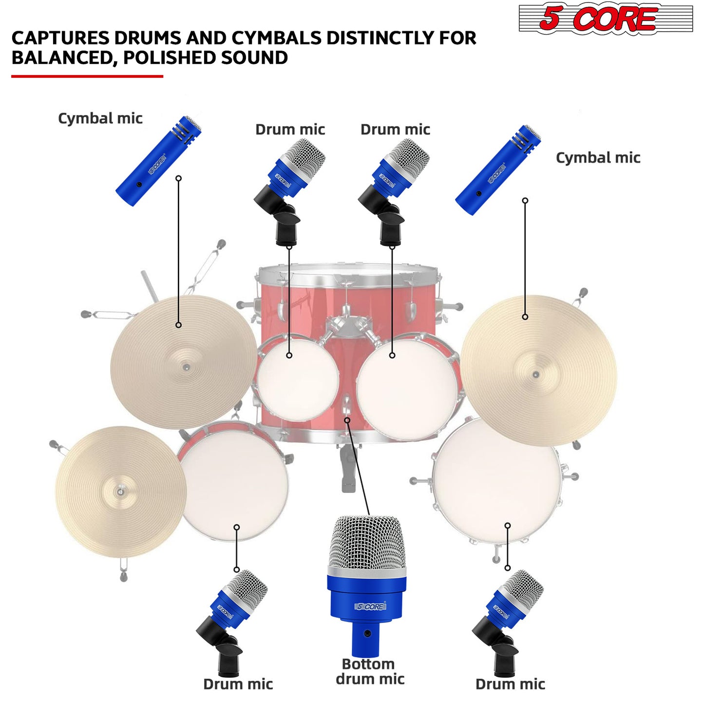 5 Core Drum Microphone Kit 7 Piece Full Metal Dynamic Wired Drums Mic Set for Drummers w Bass Tom Snare + Carrying Case Sponge & Mic Clamp for Vocal & Other Instrument Silver DM 7ACC