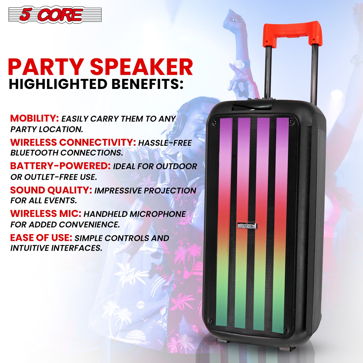 5 Core Bluetooth Speaker Karaoke Machine • 8" 3 Way Speaker • Portable Singing PA System • w DJ Light • FM + TWS + USB + SD Card + AUX + REC • Party Speakers Include Two Wireless Mics- PLB 8X2 2MIC