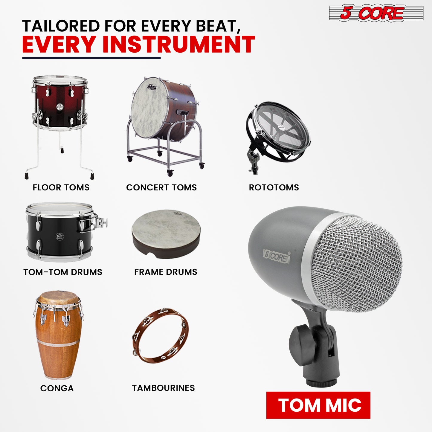 5 Core Drum Mic High Sensitivity Snare Tom Instrument Microphone with Dynamic Moving Coil Uni-Directional Pick Up Pattern Swivel Mount Durable Steel Mesh Grille -Tom MIC