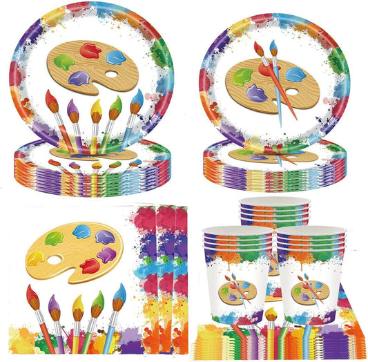 Art Painting Paper Plates Serves 20 Guests Baby Showers Birthday Party Supplies Set Disposable Party Tableware for Kids Dinner Plates, Napkins, Cup 92PCS(Shipment from FBA)