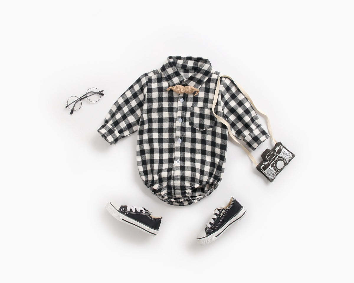 Baby Boy Plaid Pattern Buttoned Shirt With Pockets Long Sleeve Onesies In Autumn