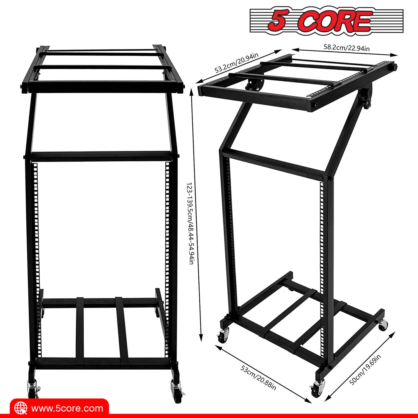 5 Core 16U Professional Rack Mount Stand DJ Mixer Case Studio Equipment Adjustable Stage Cart with Wheels Music Party Show Black RACK STAND 16U