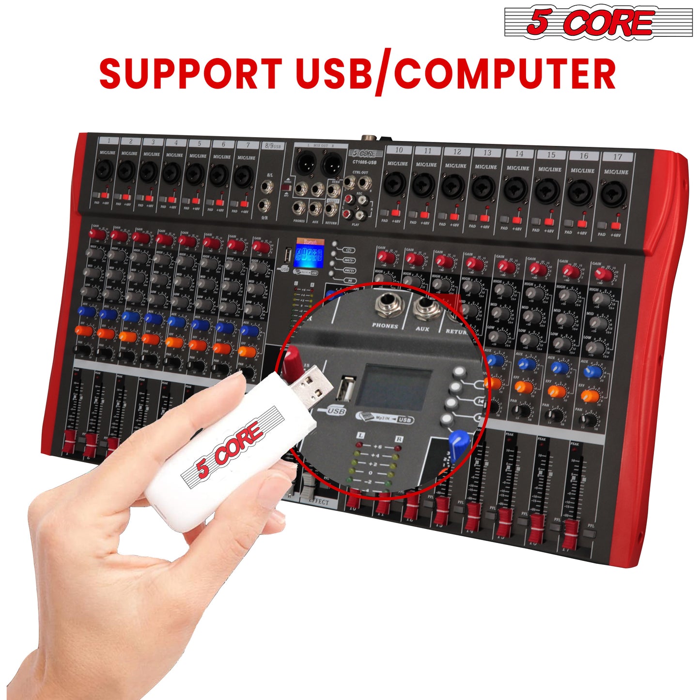 5 Core Audio Mixer DJ Equipment Digital Sound Board Karaoke XLR Mixers Professional 16 Channel Bluetooth USB w Effects for Recording Music Studio PC Podcast Instruments Consola De Sonido - MX 16CH