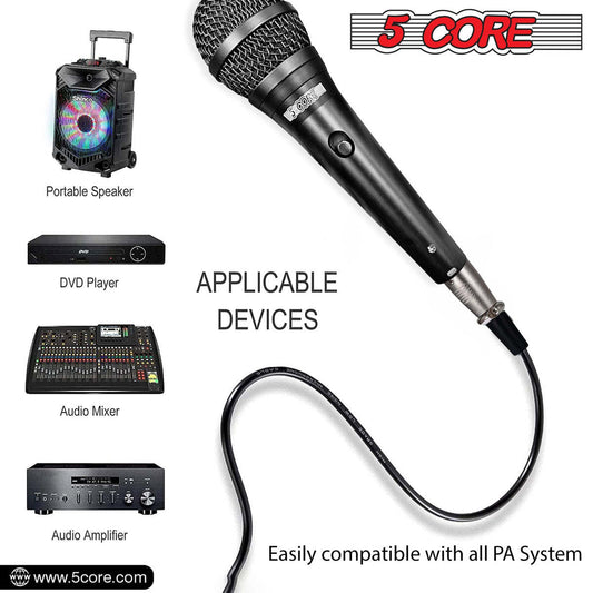 5 Core Microphone Professional Dynamic Vocal Neodymium Cardioid Unidirectional Handheld Mic for Speakers, Karaoke W/Steel Mesh Grille, Metal Body ON/Off Switch 16ft Detachable Cable+Clip+Bag-ND 58 BLK